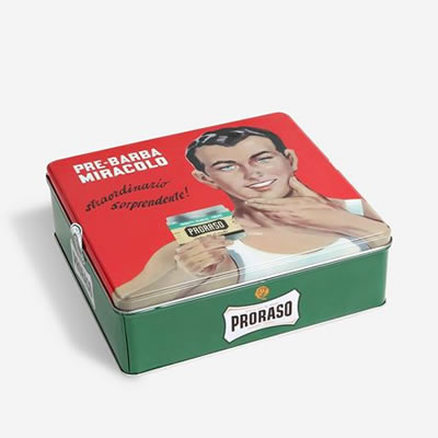 A selection of shaving products from Proraso's Eucalyptus & Menthol range presented in a vintage tin